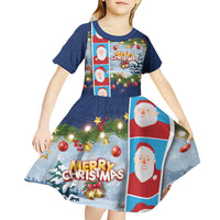 Merry Christmas Kid Short Sleeve Dress Funny Santa Claus Cards Photo and Polynesian Pattern Blue Color