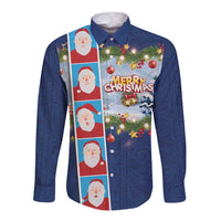 Merry Christmas Long Sleeve Button Shirt Funny Santa Claus Cards Photo and Polynesian Pattern Blue Color LT03 Unisex Blue - Polynesian Pride