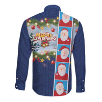 Merry Christmas Long Sleeve Button Shirt Funny Santa Claus Cards Photo and Polynesian Pattern Blue Color LT03 - Polynesian Pride