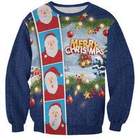 Merry Christmas Sweatshirt Funny Santa Claus Cards Photo and Polynesian Pattern Blue Color LT03 Unisex Blue - Polynesian Pride