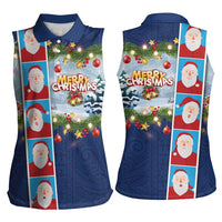 Merry Christmas Women Sleeveless Polo Shirt Funny Santa Claus Cards Photo and Polynesian Pattern Blue Color