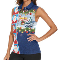 Merry Christmas Women Sleeveless Polo Shirt Funny Santa Claus Cards Photo and Polynesian Pattern Blue Color