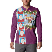 Merry Christmas Button Sweatshirt Funny Santa Claus Cards Photo and Polynesian Pattern Pink Color