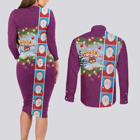 Merry Christmas Couples Matching Long Sleeve Bodycon Dress and Long Sleeve Button Shirt Funny Santa Claus Cards Photo and Polynesian Pattern Pink Color