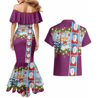 Merry Christmas Couples Matching Mermaid Dress and Hawaiian Shirt Funny Santa Claus Cards Photo and Polynesian Pattern Pink Color