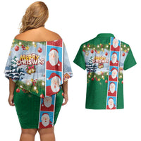Merry Christmas Couples Matching Off Shoulder Short Dress and Hawaiian Shirt Funny Santa Claus Cards Photo and Polynesian Pattern Green Color