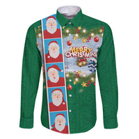 Merry Christmas Family Matching Long Sleeve Bodycon Dress and Hawaiian Shirt Funny Santa Claus Cards Photo and Polynesian Pattern Green Color