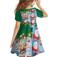 Merry Christmas Kid Short Sleeve Dress Funny Santa Claus Cards Photo and Polynesian Pattern Green Color