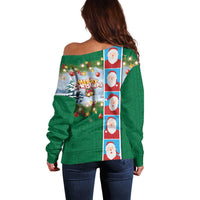 Merry Christmas Off Shoulder Sweater Funny Santa Claus Cards Photo and Polynesian Pattern Green Color