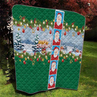Merry Christmas Quilt Funny Santa Claus Cards Photo and Polynesian Pattern Green Color