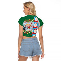 Merry Christmas Raglan Cropped T Shirt Funny Santa Claus Cards Photo and Polynesian Pattern Green Color