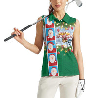 Merry Christmas Women Sleeveless Polo Shirt Funny Santa Claus Cards Photo and Polynesian Pattern Green Color
