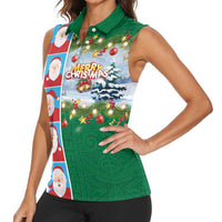 Merry Christmas Women Sleeveless Polo Shirt Funny Santa Claus Cards Photo and Polynesian Pattern Green Color