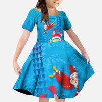 Hawaiian Santa Claus Snorkeling Family Matching Summer Maxi Dress and Hawaiian Shirt Kakau and Polynesian Pattern LT03 Daughter's Dress Blue - Polynesian Pride