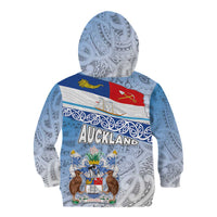 New Zealand Auckland Kid Hoodie Auckland's Flag and Coat of Arms - Koru Art Maori Pattern