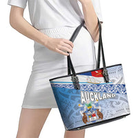 New Zealand Auckland Leather Tote Bag Auckland's Flag and Coat of Arms - Koru Art Maori Pattern