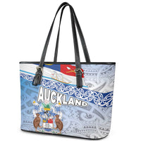 New Zealand Auckland Leather Tote Bag Auckland's Flag and Coat of Arms - Koru Art Maori Pattern