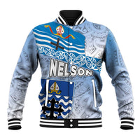 New Zealand Nelson Baseball Jacket Nelson's Flag and Seal - Maori Art Tattoo LT03 Unisex White - Polynesian Pride