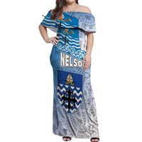 New Zealand Nelson Off Shoulder Maxi Dress Nelson's Flag and Seal - Maori Art Tattoo