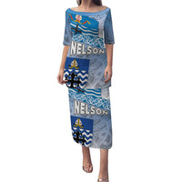 New Zealand Nelson Puletasi Nelson's Flag and Seal - Maori Art Tattoo LT03 Long Dress White - Polynesian Pride