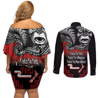 Aotearoa Toitu Te Tiriti Couples Matching Off Shoulder Short Dress and Long Sleeve Button Shirt New Zealand Honour the Treaty - Fight Together