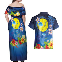 Palau Jellyfish Couples Matching Off Shoulder Maxi Dress and Hawaiian Shirt Ocean Heritage Tropical Plants - Polynesian Pride