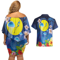 Palau Jellyfish Couples Matching Off Shoulder Short Dress and Hawaiian Shirt Ocean Heritage Tropical Plants - Polynesian Pride