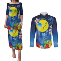 Palau Jellyfish Couples Matching Puletasi and Long Sleeve Button Shirt Ocean Heritage Tropical Plants LT03 Blue - Polynesian Pride