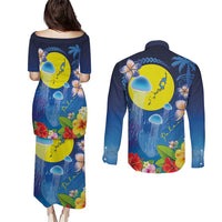 Palau Jellyfish Couples Matching Puletasi and Long Sleeve Button Shirt Ocean Heritage Tropical Plants LT03 - Polynesian Pride