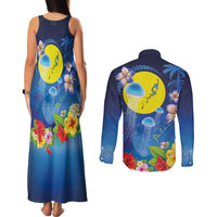 Palau Jellyfish Couples Matching Tank Maxi Dress and Long Sleeve Button Shirt Ocean Heritage Tropical Plants - Polynesian Pride