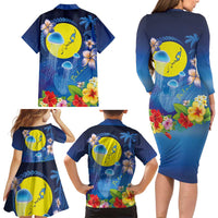Palau Jellyfish Family Matching Long Sleeve Bodycon Dress and Hawaiian Shirt Ocean Heritage Tropical Plants - Polynesian Pride