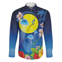 Palau Jellyfish Family Matching Long Sleeve Bodycon Dress and Hawaiian Shirt Ocean Heritage Tropical Plants - Polynesian Pride