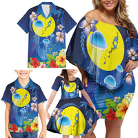 Palau Jellyfish Family Matching Off Shoulder Short Dress and Hawaiian Shirt Ocean Heritage Tropical Plants - Polynesian Pride