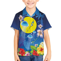 Palau Jellyfish Family Matching Off Shoulder Short Dress and Hawaiian Shirt Ocean Heritage Tropical Plants - Polynesian Pride
