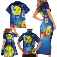 Palau Jellyfish Family Matching Short Sleeve Bodycon Dress and Hawaiian Shirt Ocean Heritage Tropical Plants - Polynesian Pride