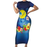 Palau Jellyfish Short Sleeve Bodycon Dress Ocean Heritage Tropical Plants LT03 Long Dress Blue - Polynesian Pride