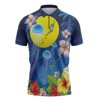 Palau Jellyfish Zipper Polo Shirt Ocean Heritage Tropical Plants LT03 Blue - Polynesian Pride