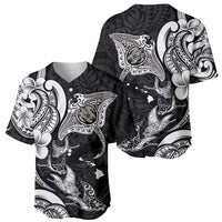 Hawaiian Manta Rays Baseball Jersey Tribal Hibiscus Polynesian Tattoos Black Color - Polynesian Pride