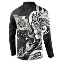 Hawaiian Manta Rays Button Sweatshirt Tribal Hibiscus Polynesian Tattoos Black Color - Polynesian Pride