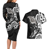 Hawaiian Manta Rays Couples Matching Long Sleeve Bodycon Dress and Hawaiian Shirt Tribal Hibiscus Polynesian Tattoos Black Color - Polynesian Pride