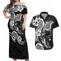 Hawaiian Manta Rays Couples Matching Off Shoulder Maxi Dress and Hawaiian Shirt Tribal Hibiscus Polynesian Tattoos Black Color - Polynesian Pride