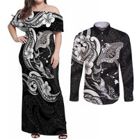 Hawaiian Manta Rays Couples Matching Off Shoulder Maxi Dress and Long Sleeve Button Shirt Tribal Hibiscus Polynesian Tattoos Black Color - Polynesian Pride