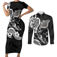 Hawaiian Manta Rays Couples Matching Short Sleeve Bodycon Dress and Long Sleeve Button Shirt Tribal Hibiscus Polynesian Tattoos Black Color - Polynesian Pride