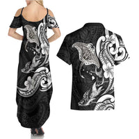 Hawaiian Manta Rays Couples Matching Summer Maxi Dress and Hawaiian Shirt Tribal Hibiscus Polynesian Tattoos Black Color - Polynesian Pride