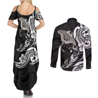 Hawaiian Manta Rays Couples Matching Summer Maxi Dress and Long Sleeve Button Shirt Tribal Hibiscus Polynesian Tattoos Black Color - Polynesian Pride