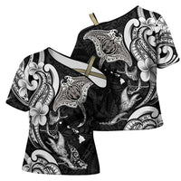 Hawaiian Manta Rays Cross Shoulder Shirt Tribal Hibiscus Polynesian Tattoos Black Color LT03 - Polynesian Pride
