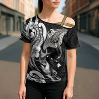 Hawaiian Manta Rays Cross Shoulder Shirt Tribal Hibiscus Polynesian Tattoos Black Color LT03 - Polynesian Pride