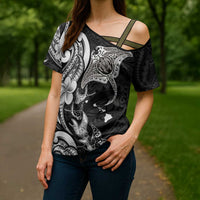 Hawaiian Manta Rays Cross Shoulder Shirt Tribal Hibiscus Polynesian Tattoos Black Color LT03 - Polynesian Pride