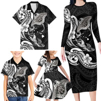 Hawaiian Manta Rays Family Matching Long Sleeve Bodycon Dress and Hawaiian Shirt Tribal Hibiscus Polynesian Tattoos Black Color - Polynesian Pride