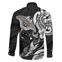 Hawaiian Manta Rays Family Matching Long Sleeve Bodycon Dress and Hawaiian Shirt Tribal Hibiscus Polynesian Tattoos Black Color - Polynesian Pride